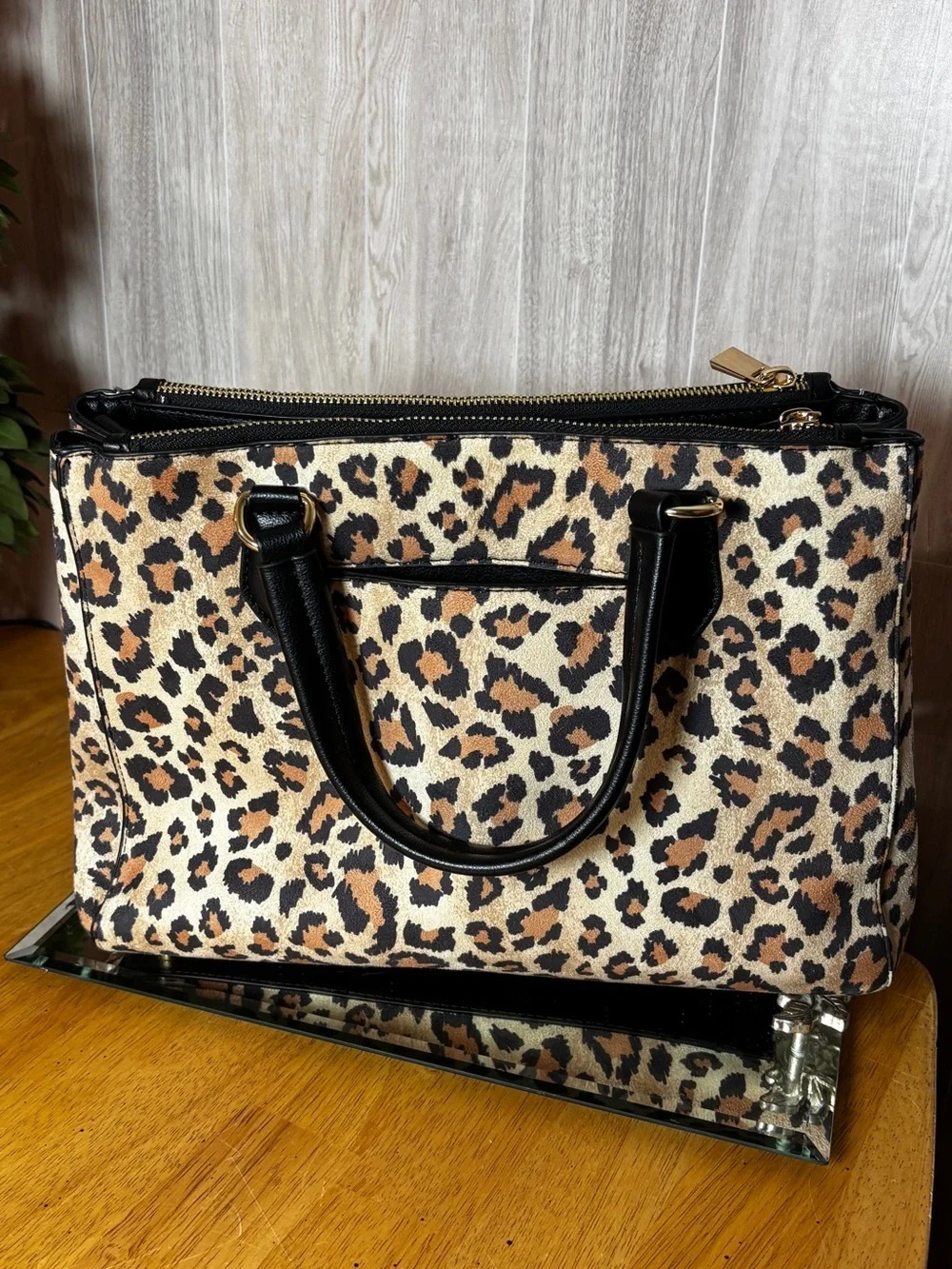 On 34th Leopard Print Satchel Tote Handbag Black Trim Gold Hardware